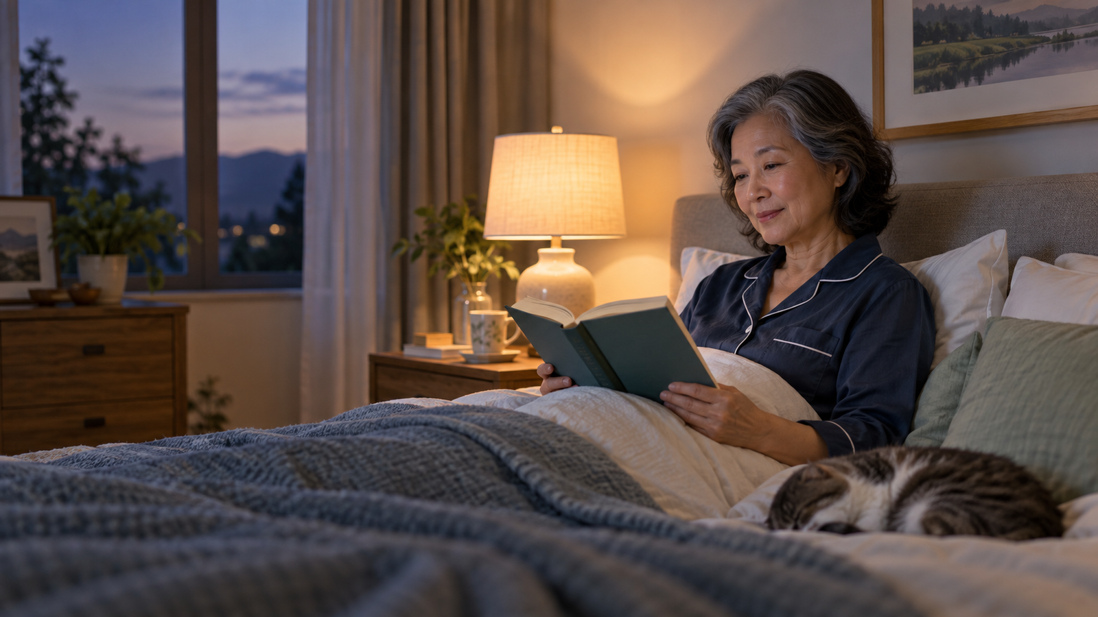 Woman over 50 reading in a calm bedroom as part of a relaxing bedtime routine