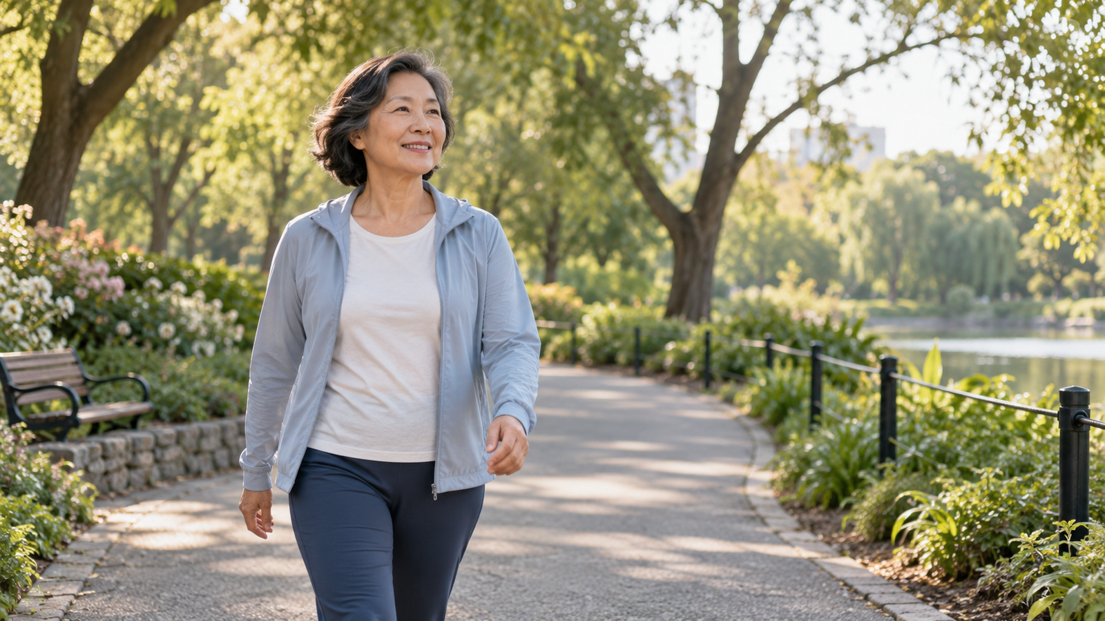 Woman over 50 taking a morning walk along a leafy park path
