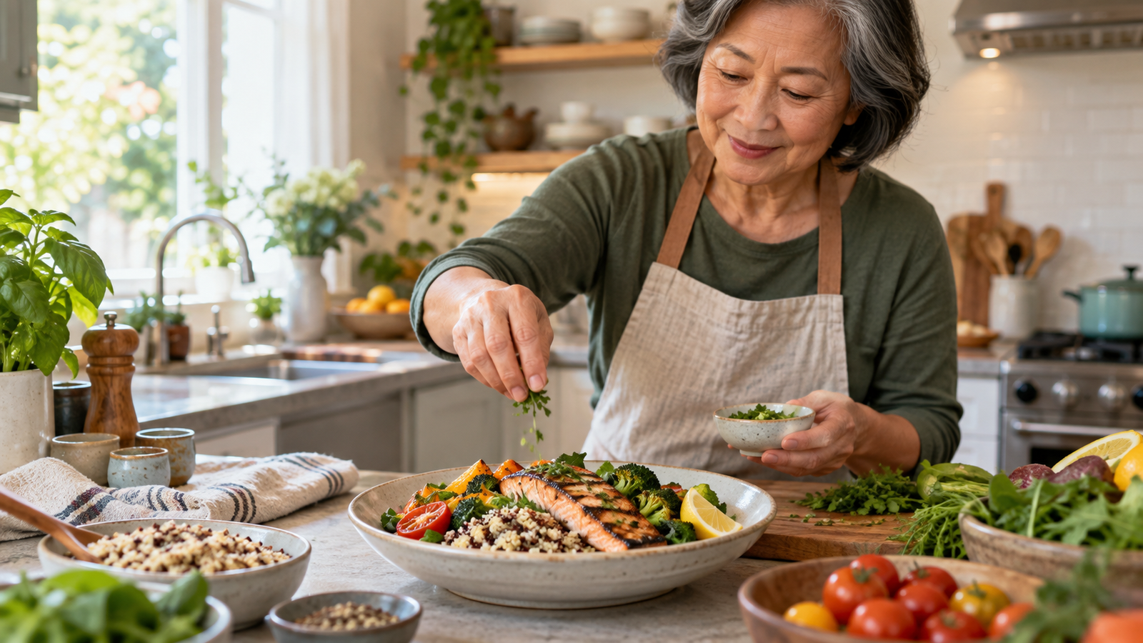Woman over 50 preparing a balanced meal with salmon, whole grains and vegetables